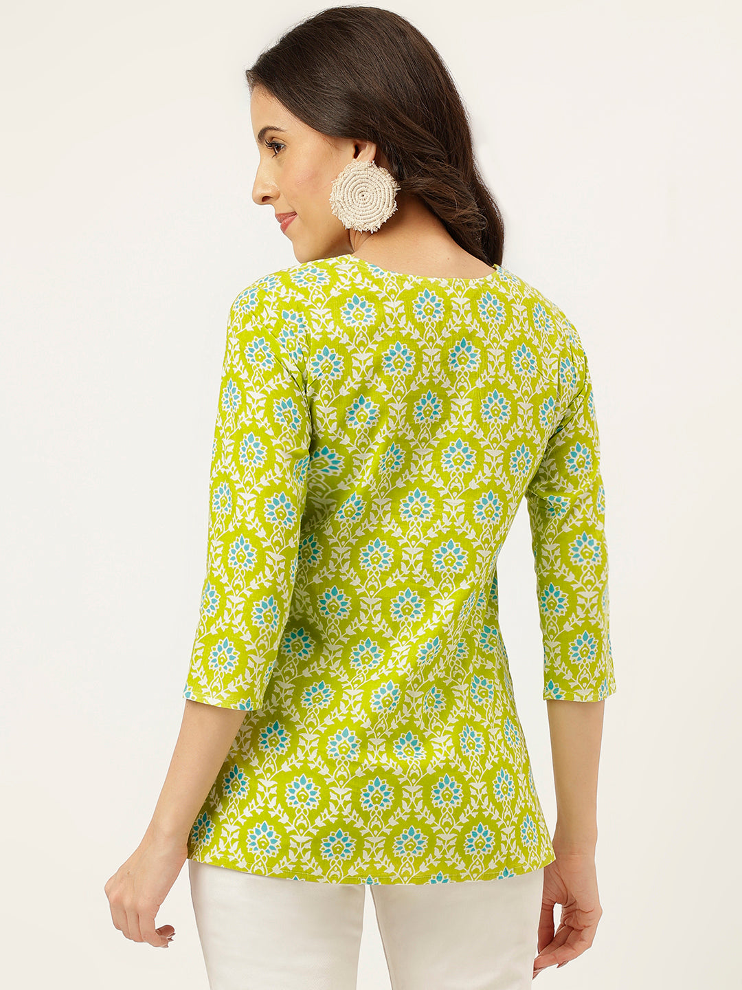 Green Printed Round Keyhole Neck Cotton Top