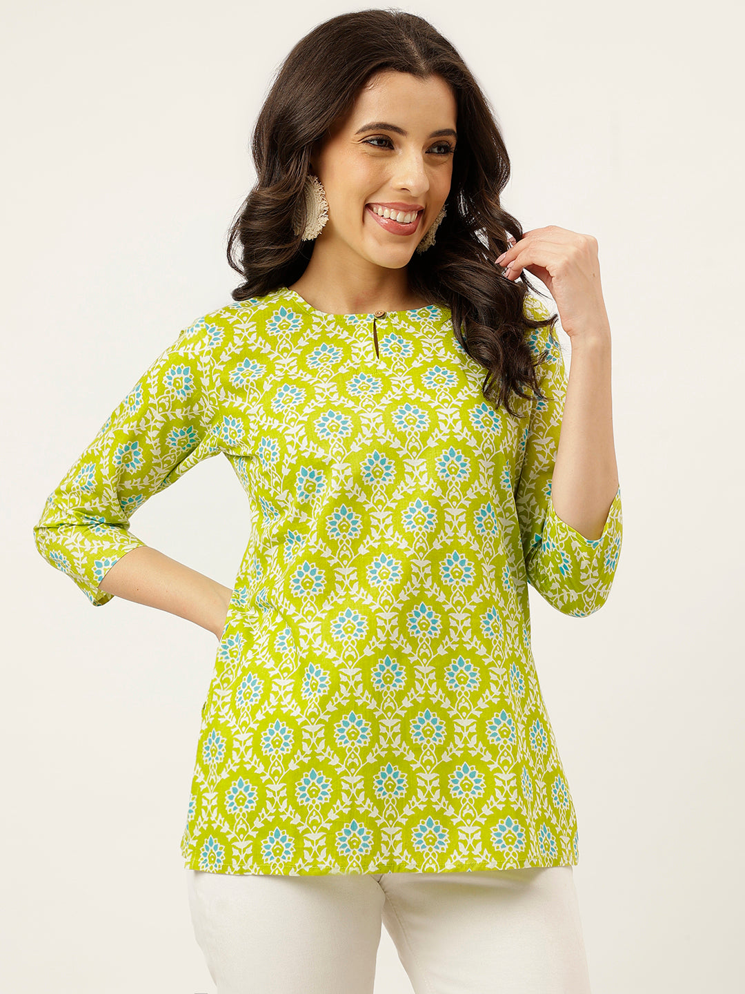 Green Printed Round Keyhole Neck Cotton Top