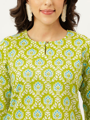 Green Printed Round Keyhole Neck Cotton Top