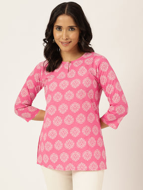 Pink Printed Round Keyhole Neck Cotton Top