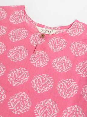 Pink Printed Round Keyhole Neck Cotton Top