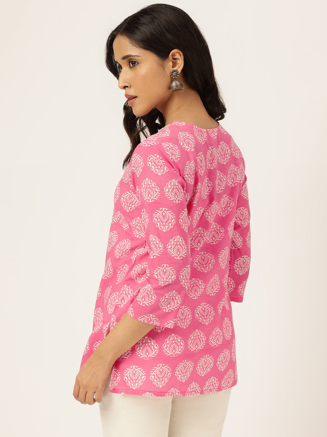 Pink Printed Round Keyhole Neck Cotton Top