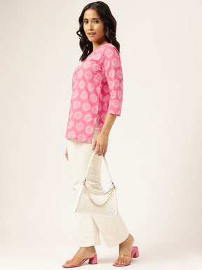 Pink Printed Round Keyhole Neck Cotton Top