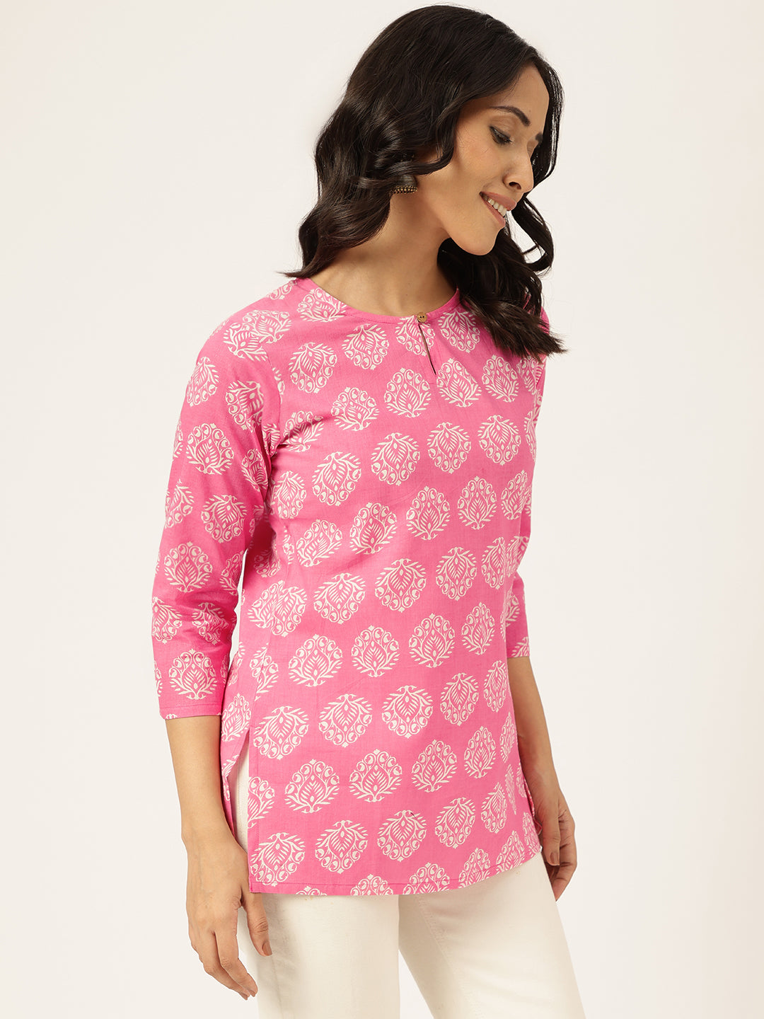 Pink Printed Round Keyhole Neck Cotton Top