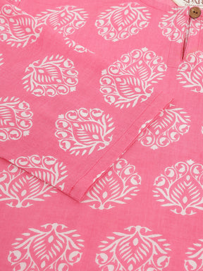 Pink Printed Round Keyhole Neck Cotton Top