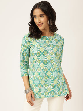 Green Ikkat Printed Round Keyhole Neck Cotton Top