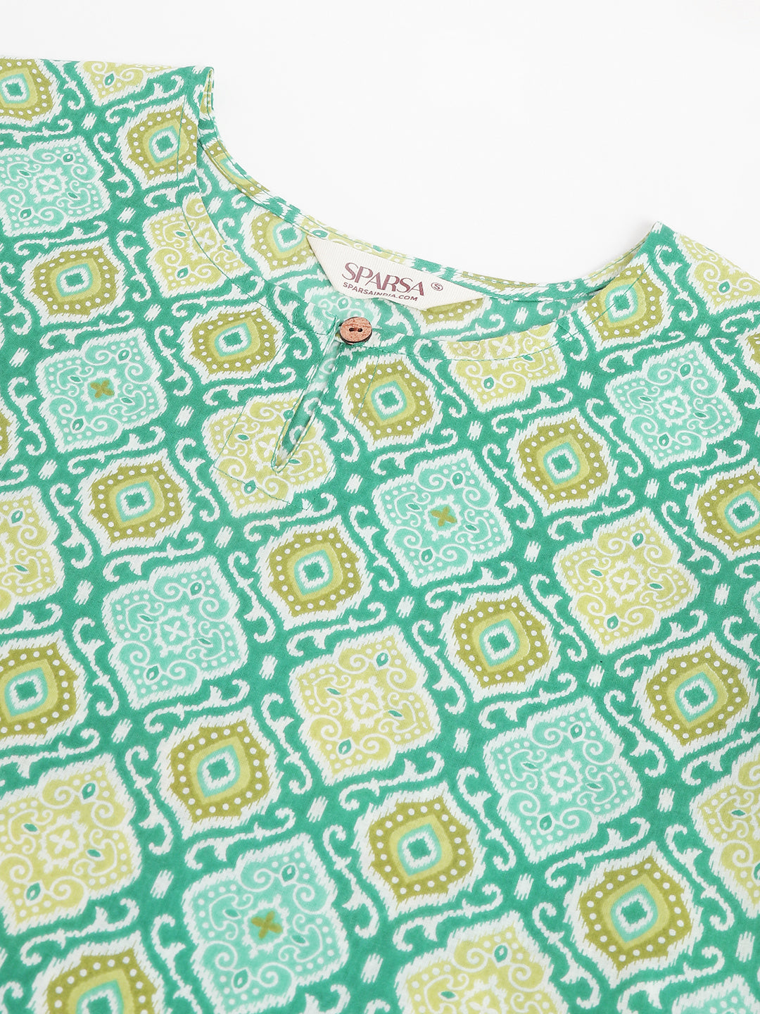 Green Ikkat Printed Round Keyhole Neck Cotton Top