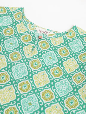 Green Ikkat Printed Round Keyhole Neck Cotton Top