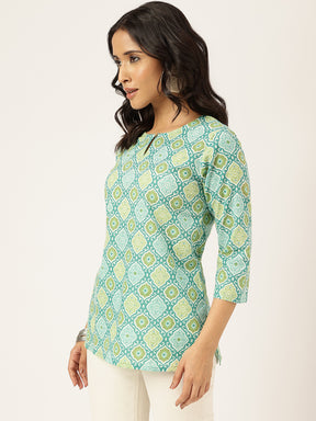 Green Ikkat Printed Round Keyhole Neck Cotton Top