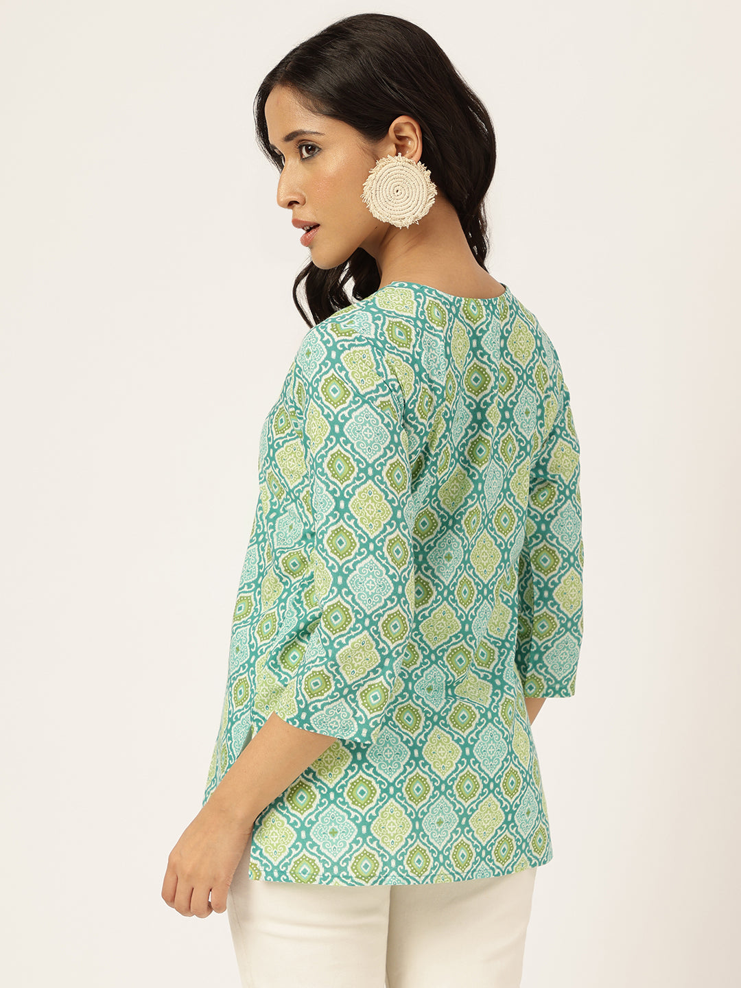 Green Ikkat Printed Round Keyhole Neck Cotton Top