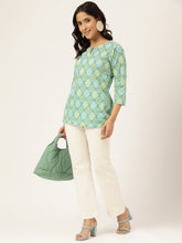 Green Ikkat Printed Round Keyhole Neck Cotton Top