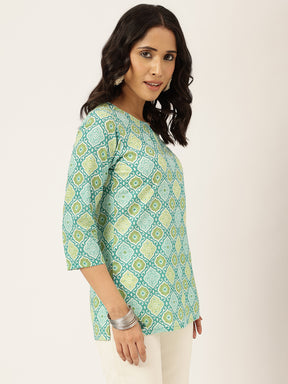 Green Ikkat Printed Round Keyhole Neck Cotton Top