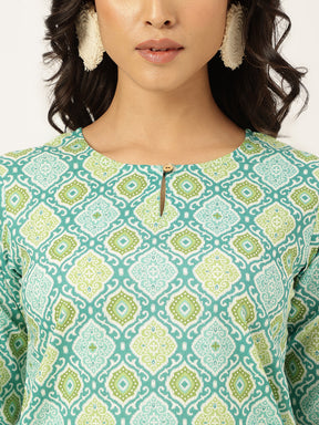 Green Ikkat Printed Round Keyhole Neck Cotton Top