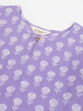 Lavender Printed Round Keyhole Neck Short Cotton Kurti