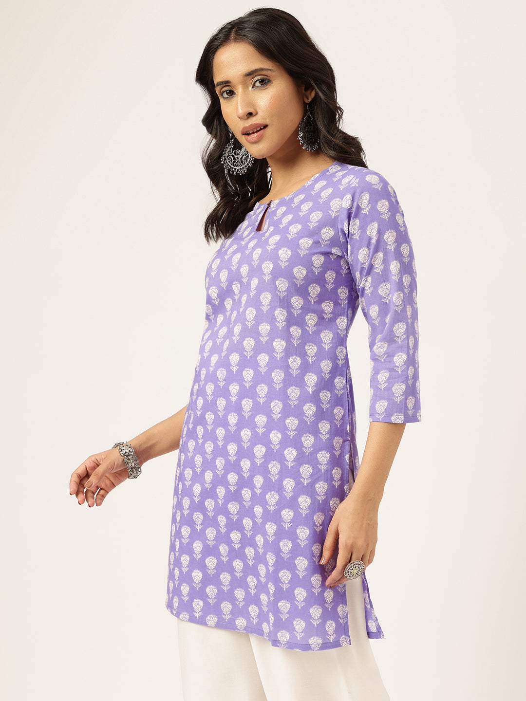 Lavender Printed Round Keyhole Neck Short Cotton Kurti