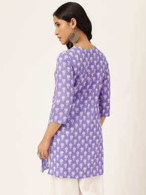 Lavender Printed Round Keyhole Neck Short Cotton Kurti