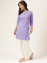 Lavender Printed Round Keyhole Neck Short Cotton Kurti