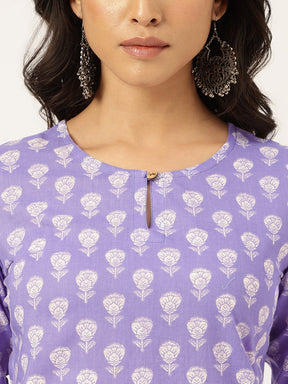 Lavender Printed Round Keyhole Neck Short Cotton Kurti