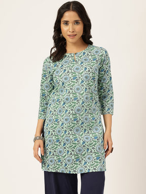 Off-Green Printed Round Keyhole Neck Short Cotton Kurti