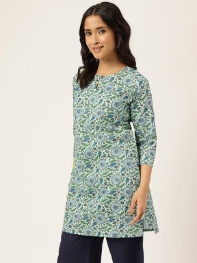 Off-Green Printed Round Keyhole Neck Short Cotton Kurti