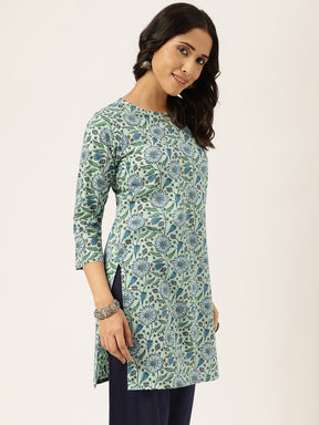 Off-Green Printed Round Keyhole Neck Short Cotton Kurti