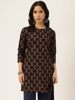 Black Printed Round Keyhole Neck Short Cotton Kurti