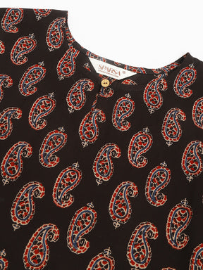 Black Printed Round Keyhole Neck Short Cotton Kurti