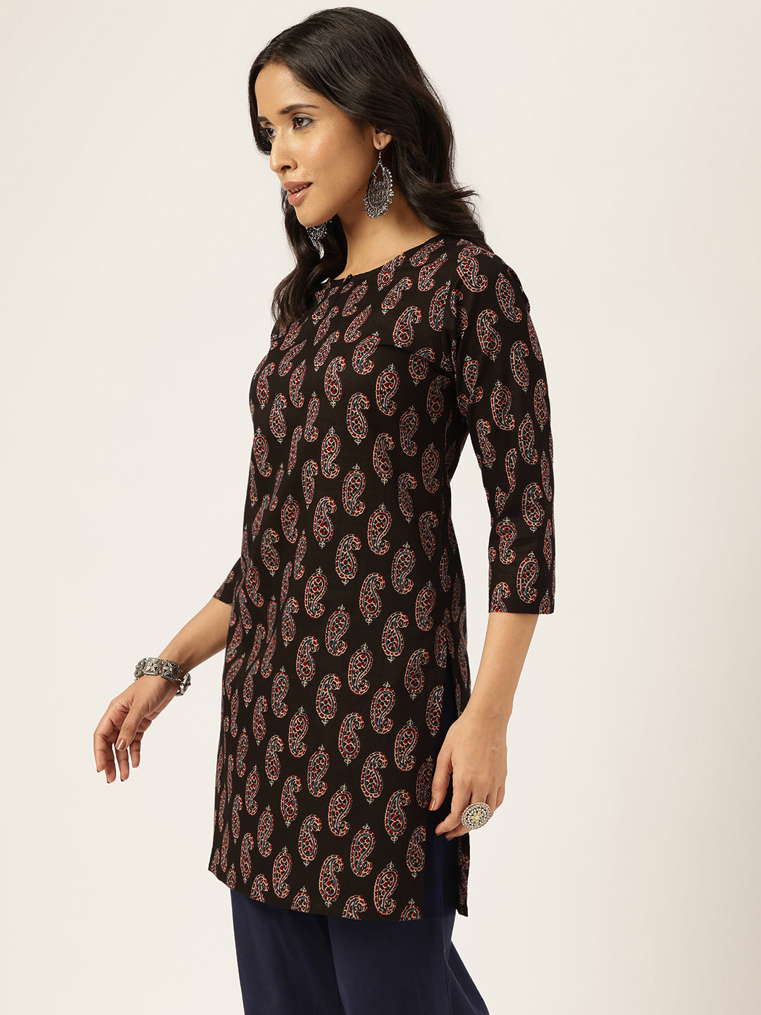 Black Printed Round Keyhole Neck Short Cotton Kurti