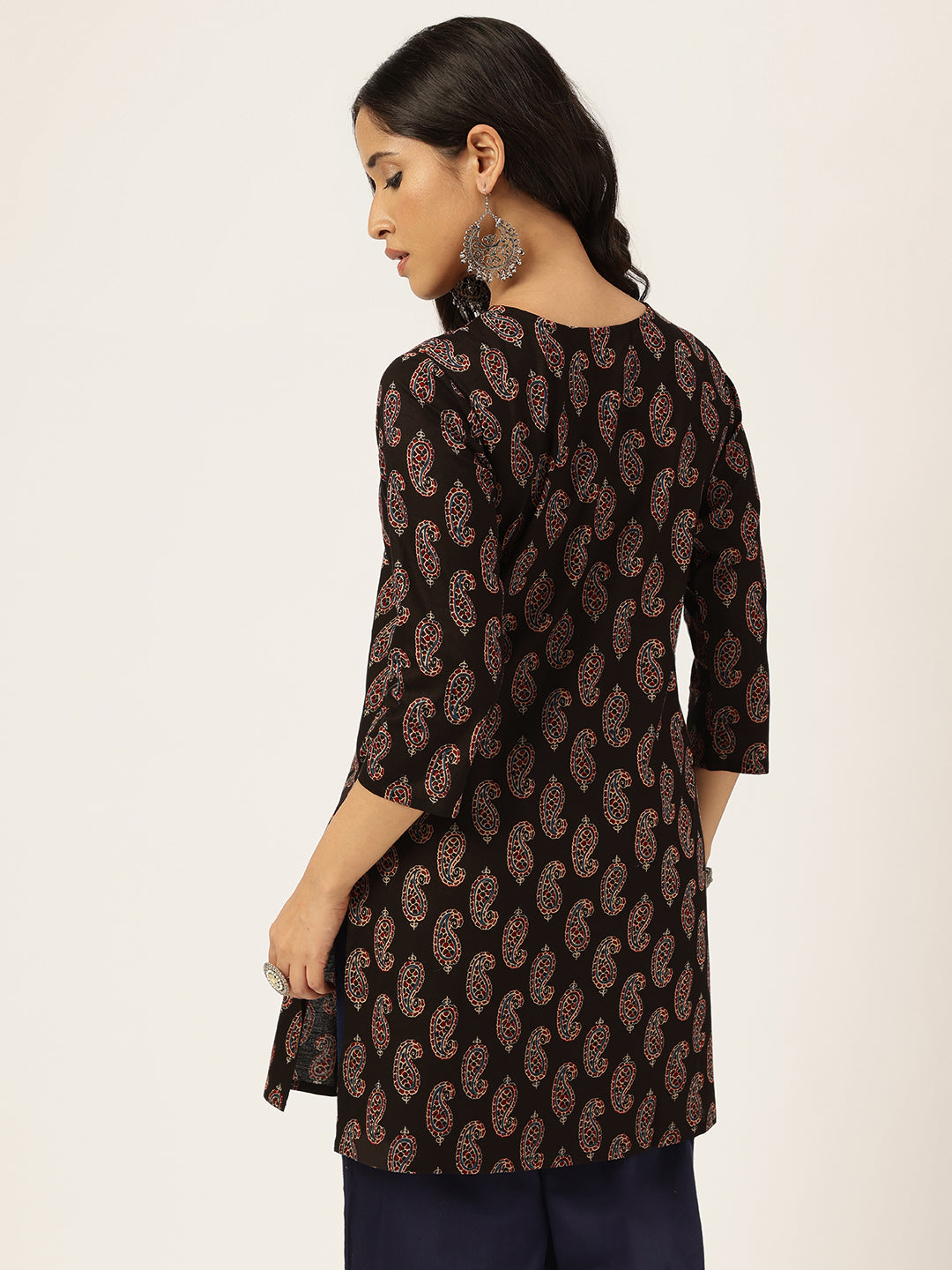 Black Printed Round Keyhole Neck Short Cotton Kurti