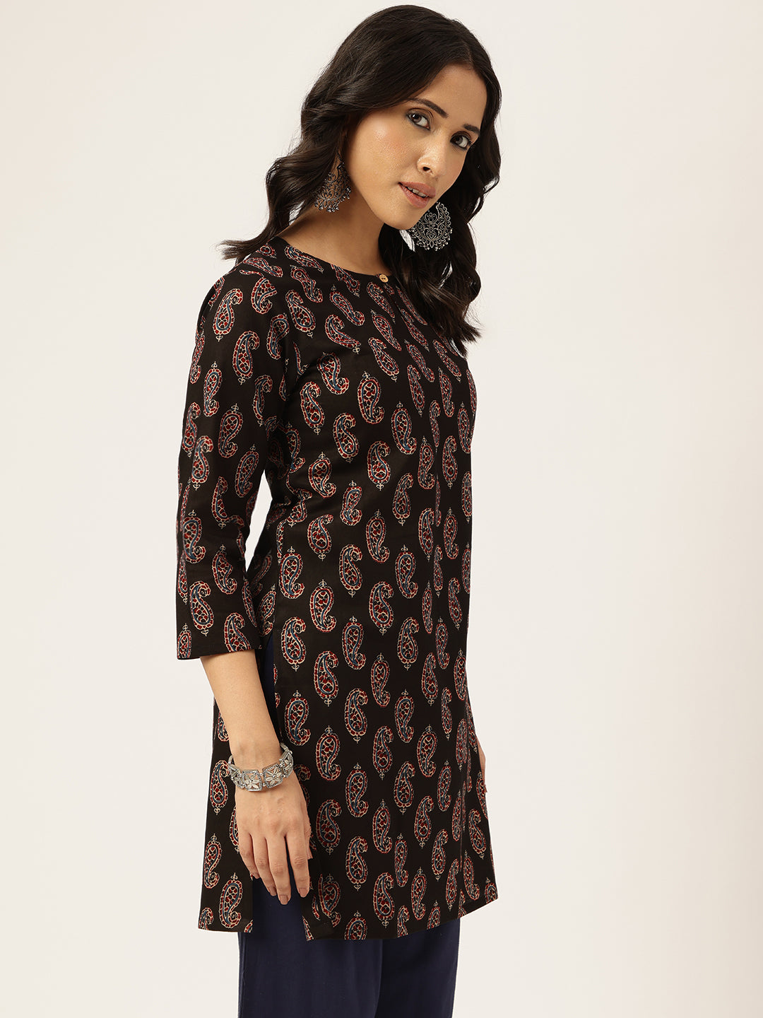 Black Printed Round Keyhole Neck Short Cotton Kurti