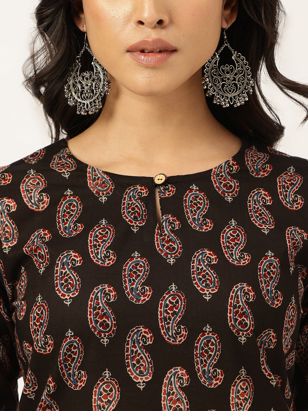 Black Printed Round Keyhole Neck Short Cotton Kurti