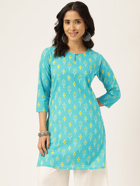 Sky-Blue Printed Round Keyhole Neck Short Cotton Kurti