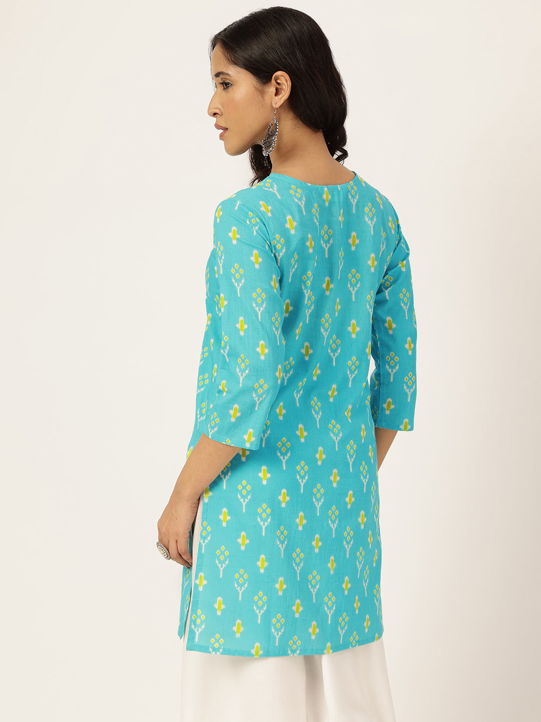 Sky-Blue Printed Round Keyhole Neck Short Cotton Kurti