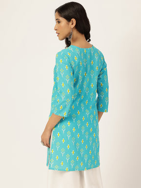 Sky-Blue Printed Round Keyhole Neck Short Cotton Kurti