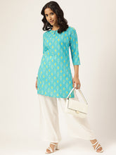 Sky-Blue Printed Round Keyhole Neck Short Cotton Kurti