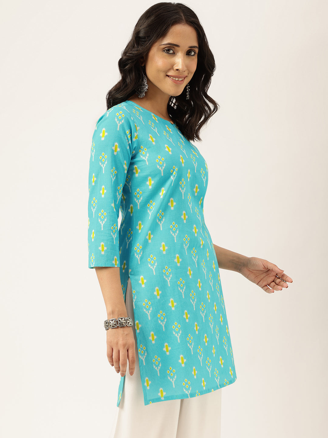 Sky-Blue Printed Round Keyhole Neck Short Cotton Kurti