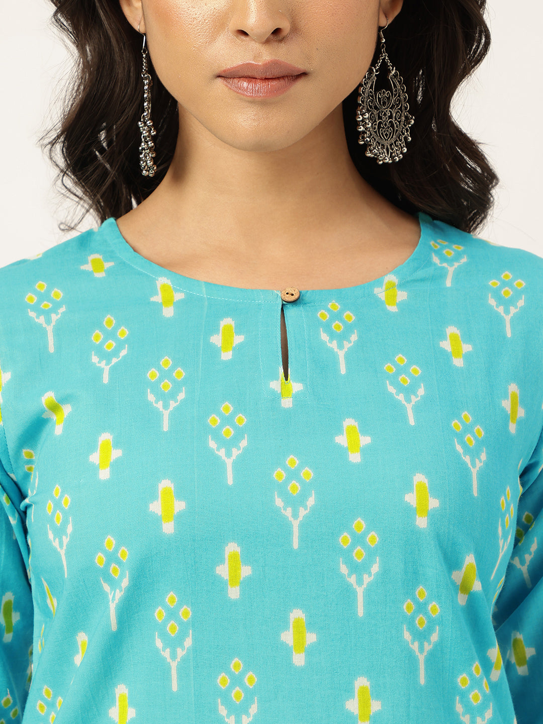 Sky-Blue Printed Round Keyhole Neck Short Cotton Kurti