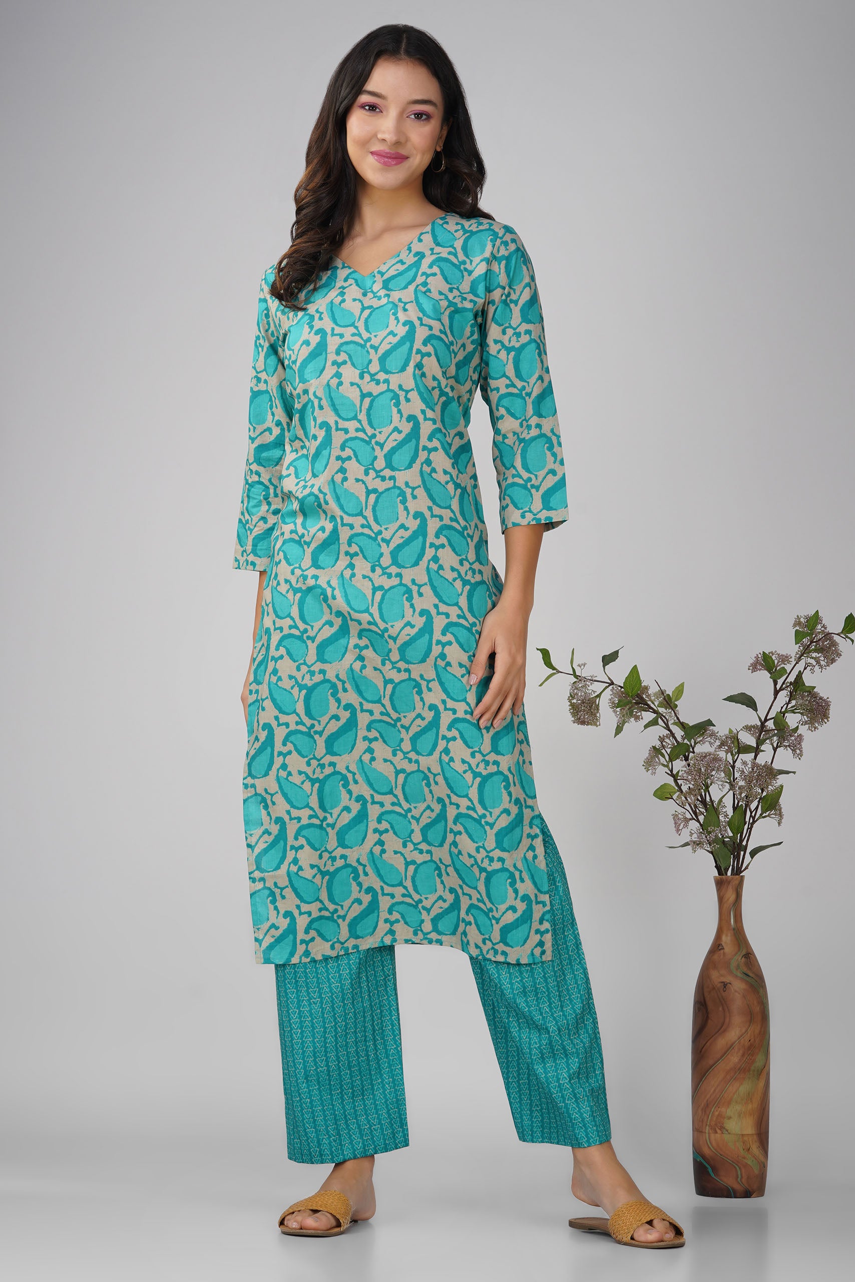 Turquoise Printed V-Neck Cotton Kurta Set