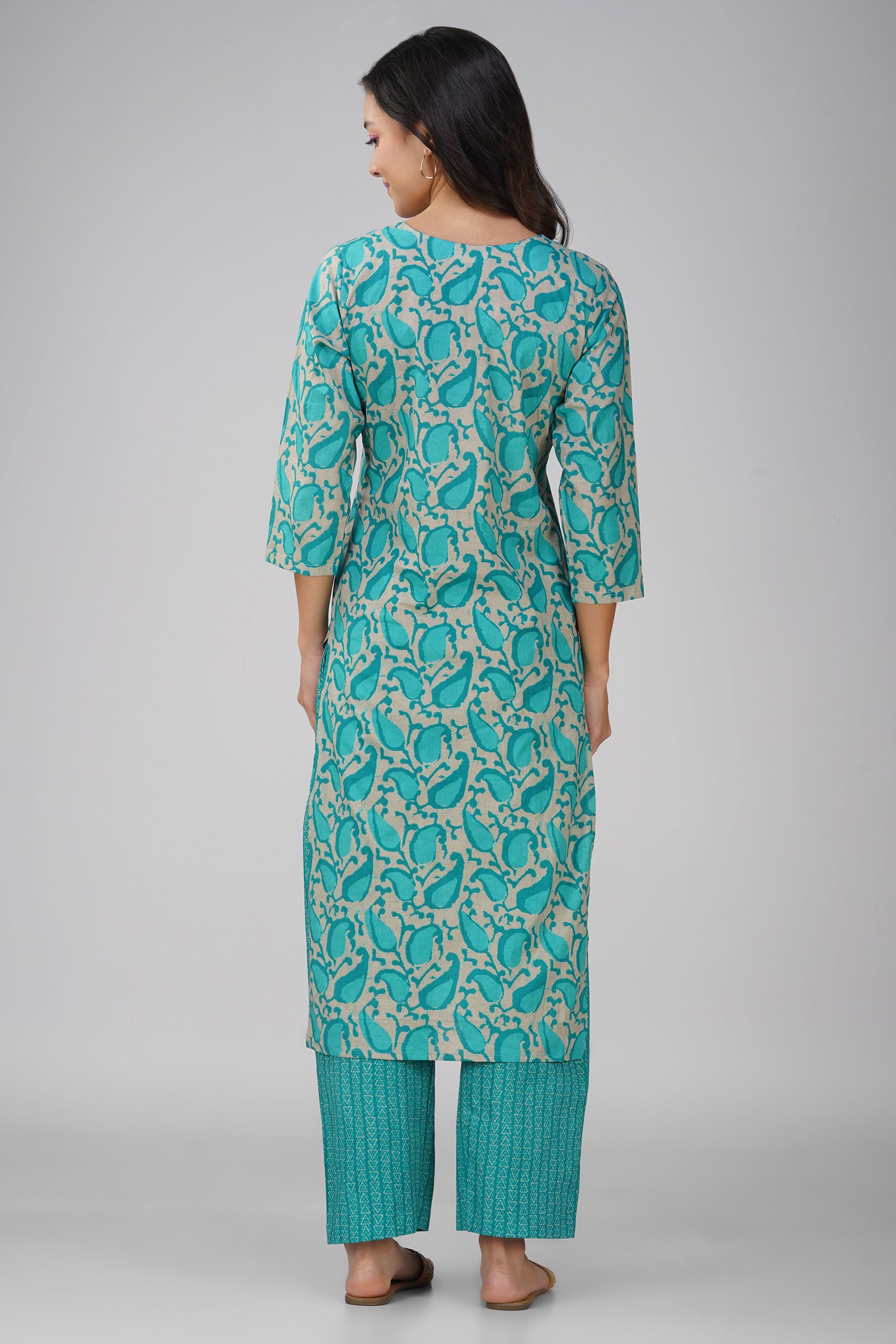 Turquoise Printed V-Neck Cotton Kurta Set