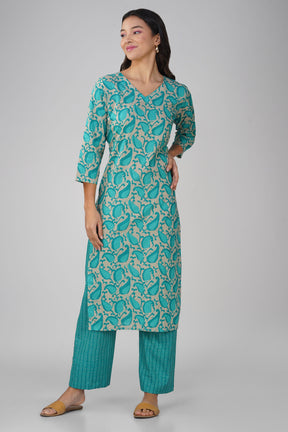 Turquoise Printed V-Neck Cotton Kurta Set