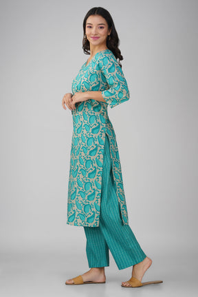 Turquoise Printed V-Neck Cotton Kurta Set