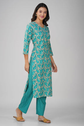 Turquoise Printed V-Neck Cotton Kurta Set