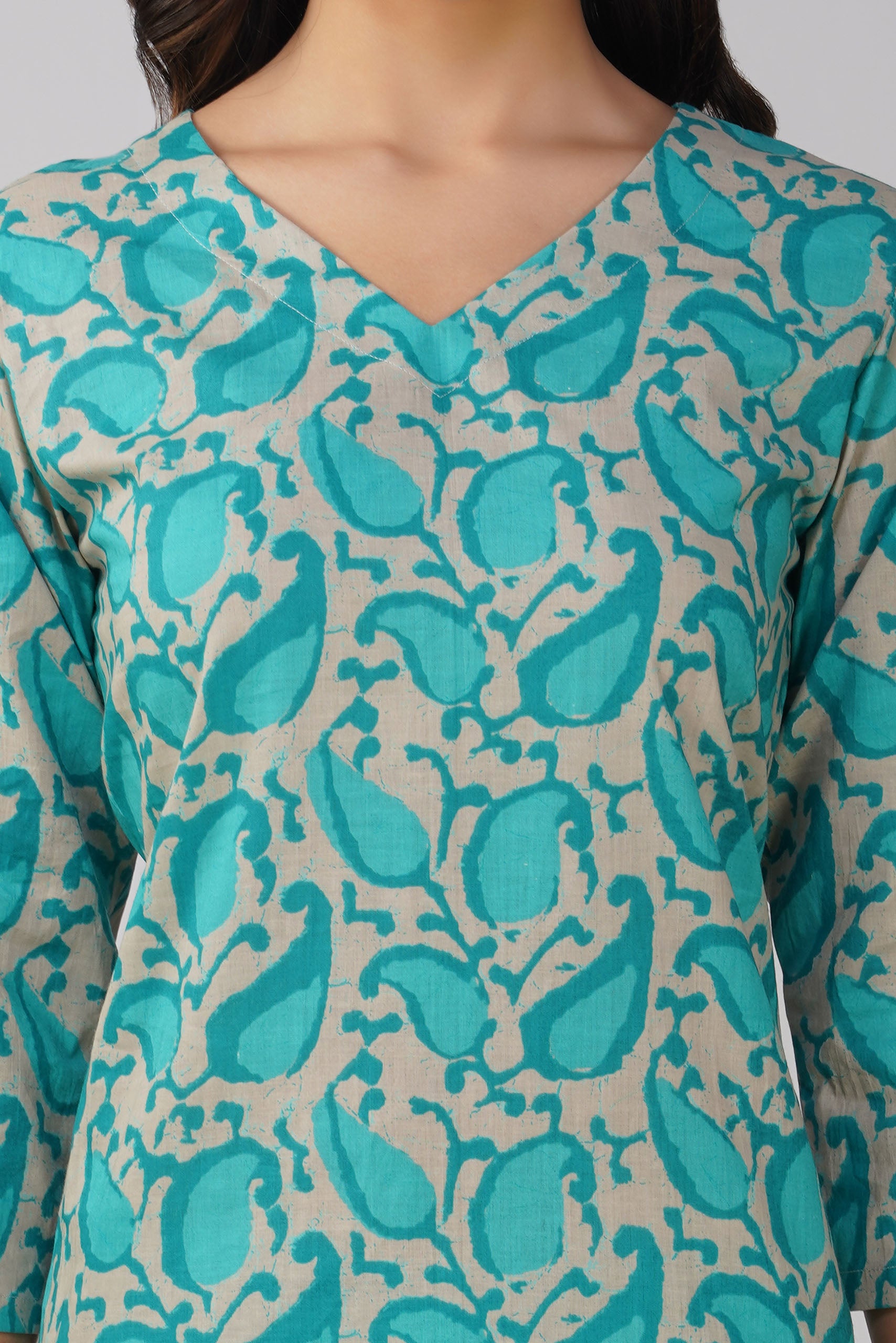 Turquoise Printed V-Neck Cotton Kurta Set