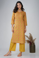 Yellow Printed V-Neck Cotton Kurta Set