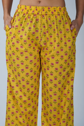 Yellow Printed V-Neck Cotton Kurta Set