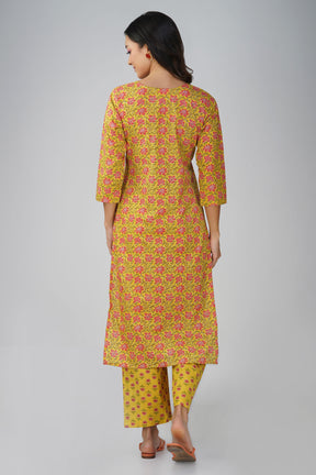 Yellow Printed V-Neck Cotton Kurta Set