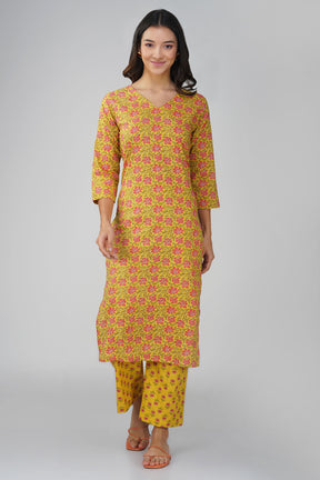 Yellow Printed V-Neck Cotton Kurta Set