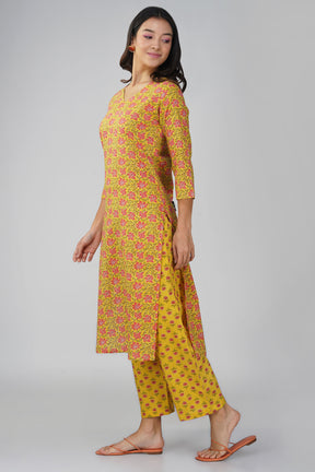 Yellow Printed V-Neck Cotton Kurta Set