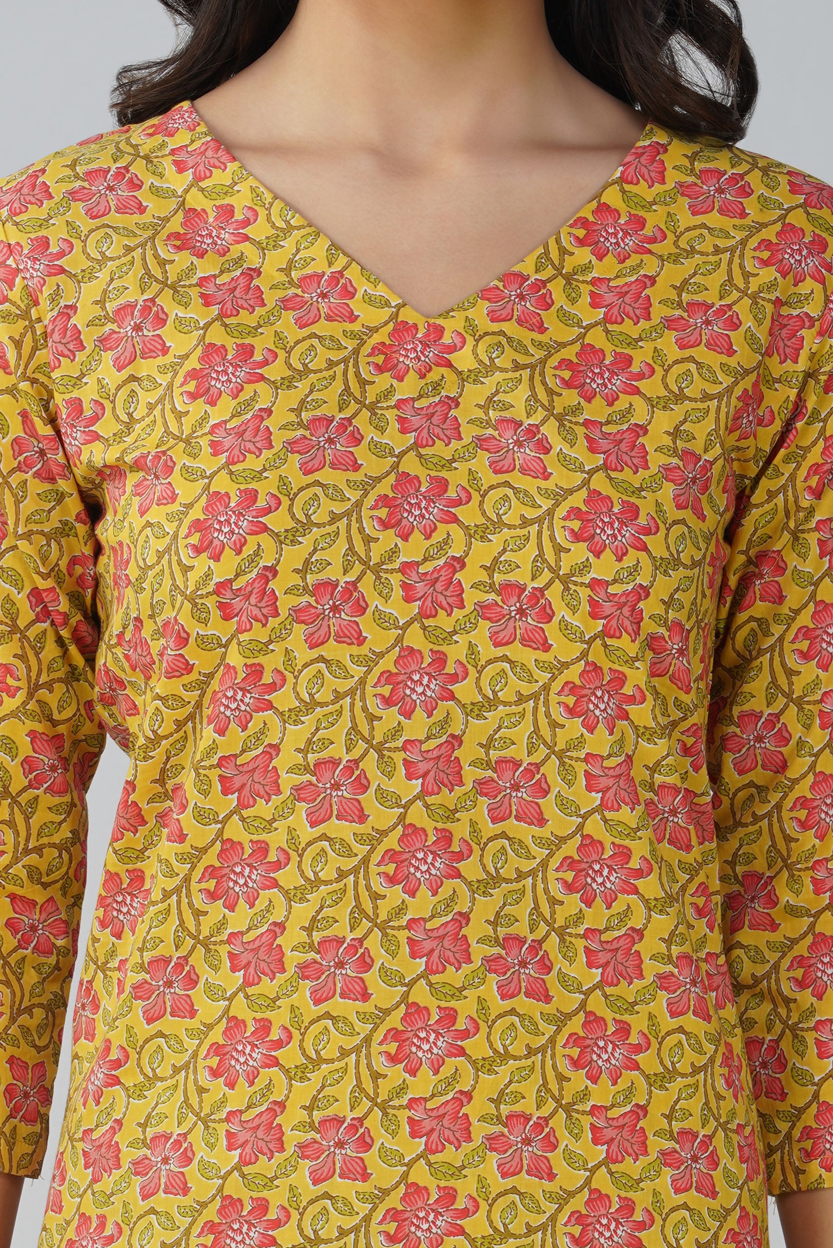 Yellow Printed V-Neck Cotton Kurta Set